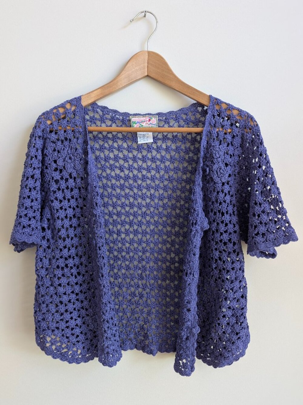 April Cornell Large 100% cotton periwinkle open crochet knit cardigan sweater